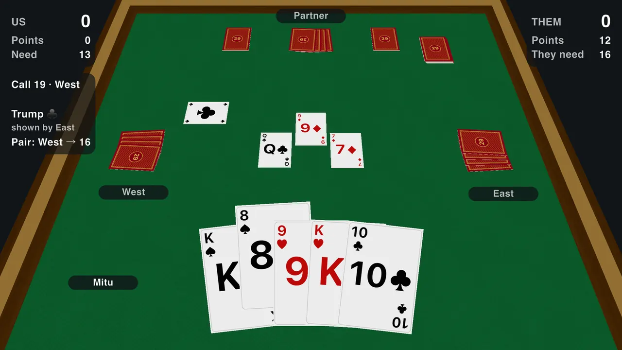 A trick on the 3D felt table: four cards in the middle, your hand fanned at the bottom, the score at the sides