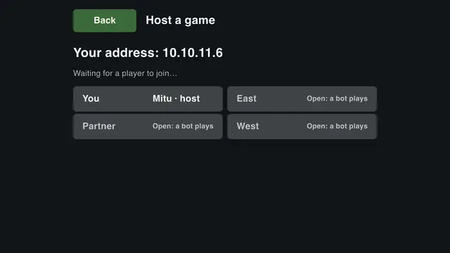 Hosting a Wi-Fi game: the lobby with four seats